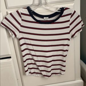 garage red white and navy tee shirt